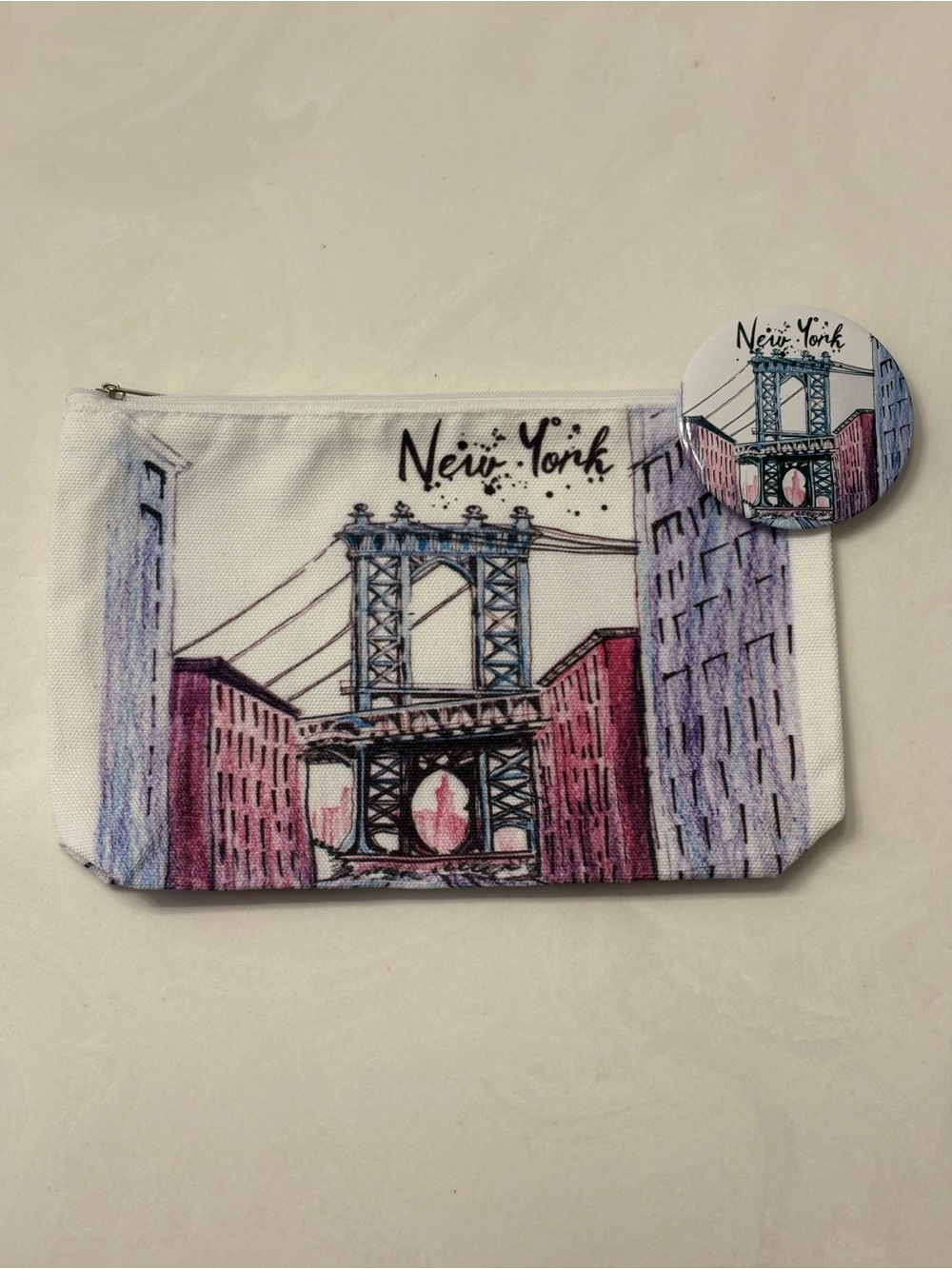 NEW Cosmetics Makeup Bag Canvas New York City Manhattan Bridge Mirror Pouch